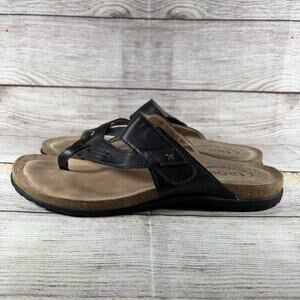 Taos Perfect Sandals Slip On Black Leather Toe Loop Womens Size 10 Strappy